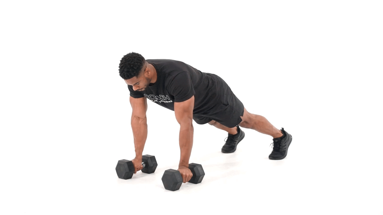Dumbbell Push Up to Renegade Row to Gorilla Squat
