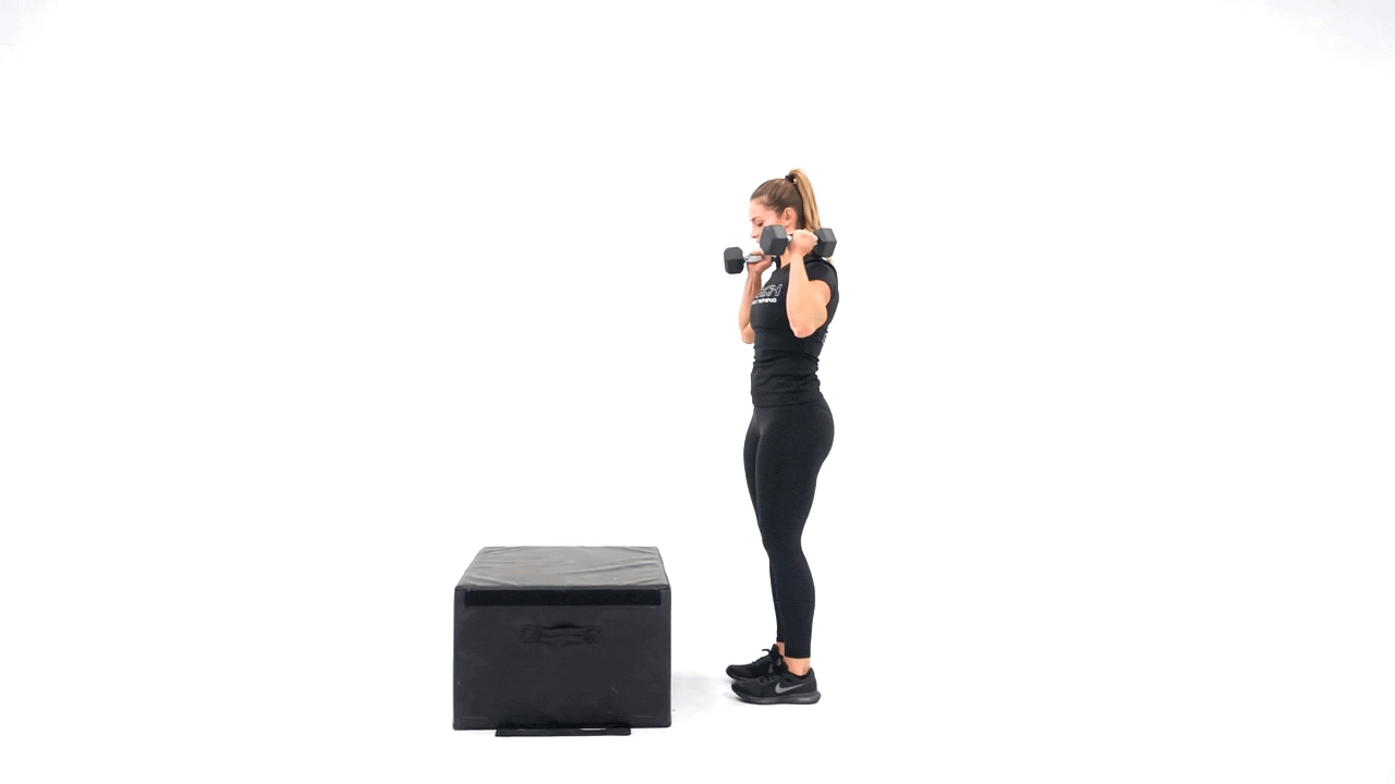 Dumbbell Reverse Lunge to Step Up, Press to Knee drive